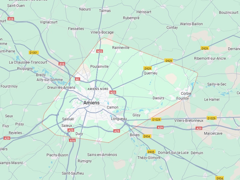 Secteur d'Amiens : carte des villes (Poulainville, Corbie, Saleux) et routes (A16, A29, N25). Un périmètre rouge délimite la zone.