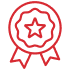 Icône rouge d'une médaille stylisée ou d'un ruban, symbolisant prix, récompense, succès ou distinction.